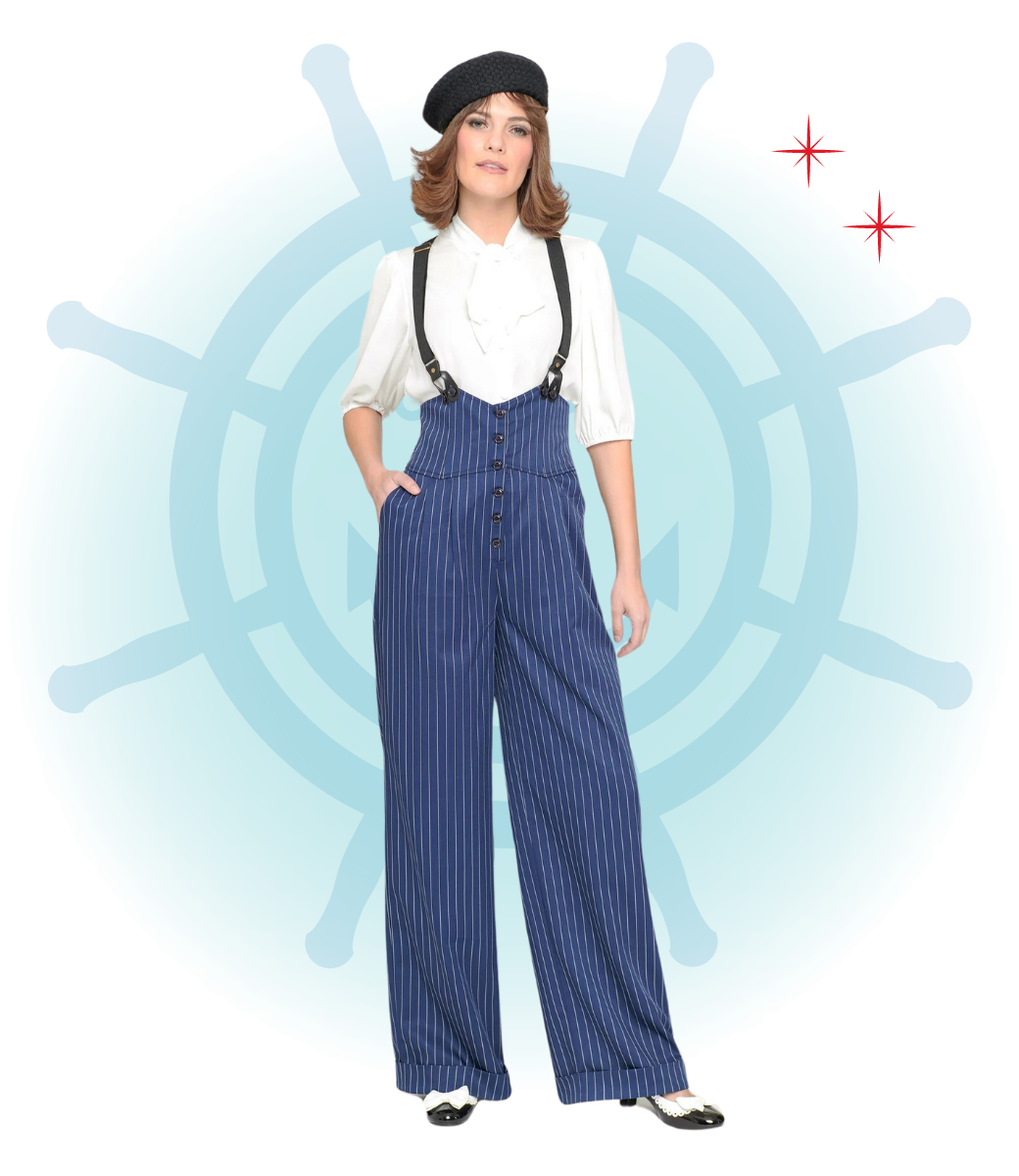 Bell Bottom Ladies Navy Dungarees Thelma Navy Pinstripe Suspender