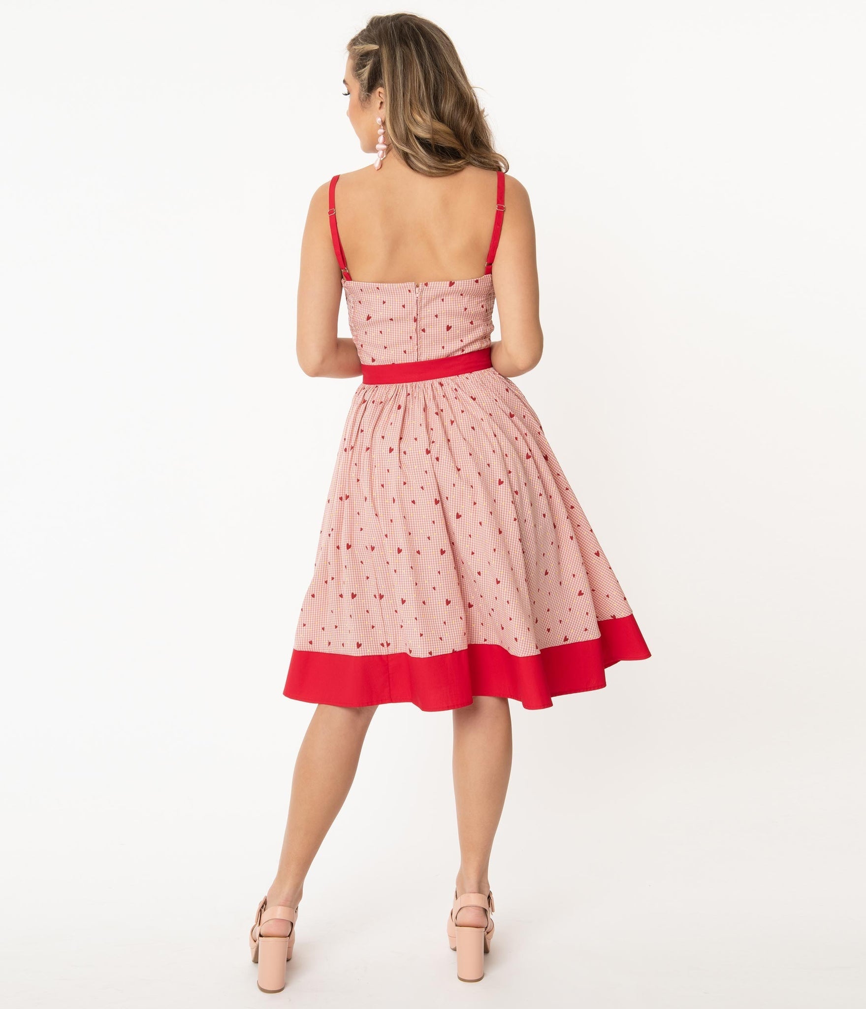 Unique Vintage Jupe évasée Rose Rouge Pinup Retro Swing Skirt Red Pink