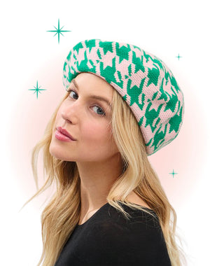 Béret pied-de-poule Vert et Rose