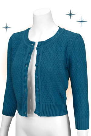 Cardigan Crocheté Col Rond Sarcelle