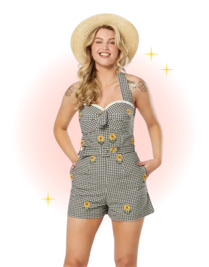 Davia Black and White Gingham Embroidered Playsuit