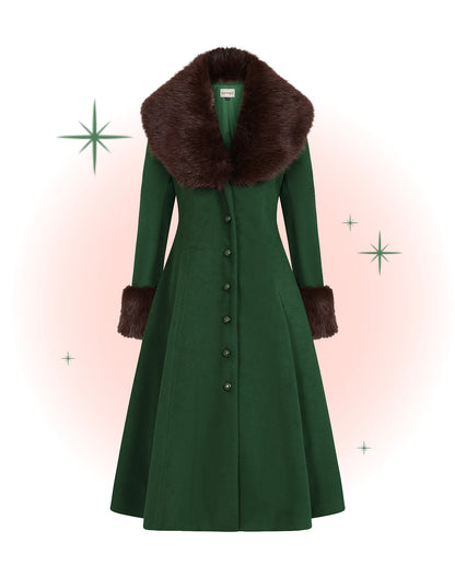 Manteau Martha vert avec fausse fourrure brune