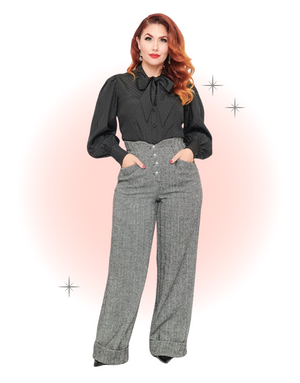 Pantalon taille haute chevron gris noir blanc - Herringbone