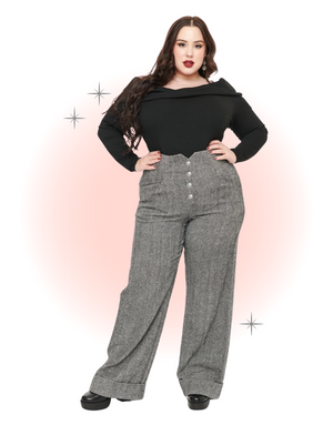 Pantalon taille haute chevron gris noir blanc - Herringbone