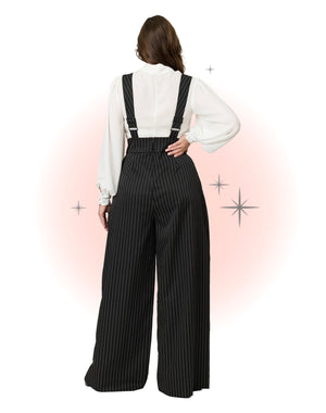 Pantalon Évasé à Bretelles Rochelle à Fines Rayures Noir Et Blanc