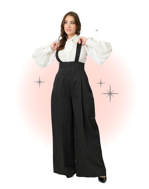 Pantalon Évasé à Bretelles Rochelle à Fines Rayures Noir Et Blanc