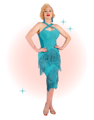 Turquoise Speakeasy Fitted Dress with Fringe