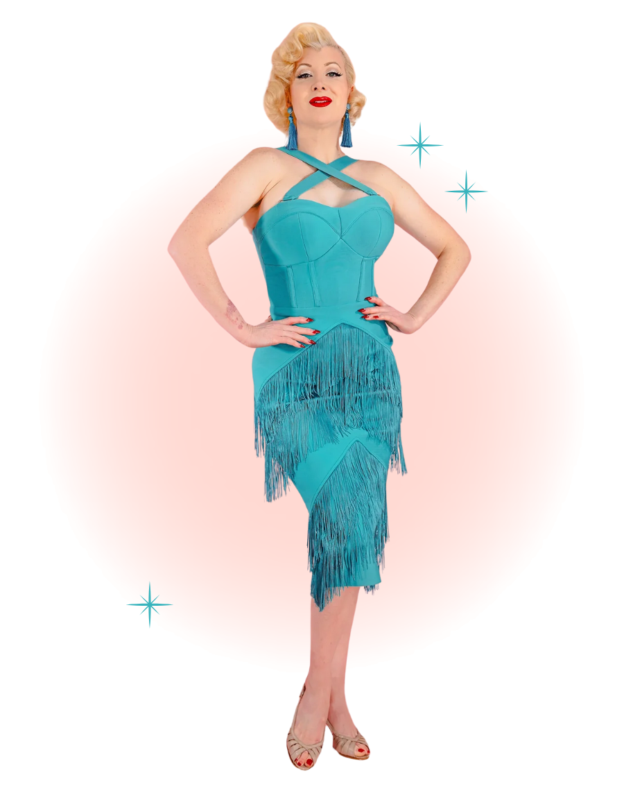 Turquoise Speakeasy Fitted Dress with Fringe Turquoise Speakeasy Fitted Dress with Fringe