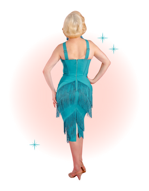 Turquoise Speakeasy Fitted Dress with Fringe