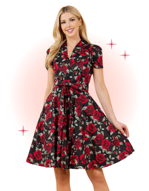Black Retro Rose Print Flared Dress