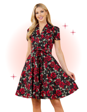 Black Rose Print Flared Retro Dress