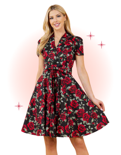 Black Rose Print Flared Retro Dress