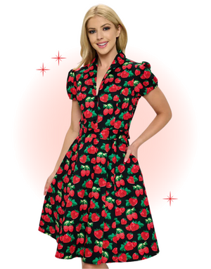 Black Retro Strawberry Flared Dress