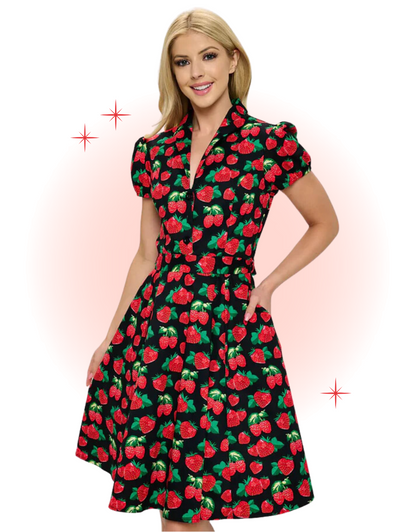 Black Flared Strawberry Retro Dress