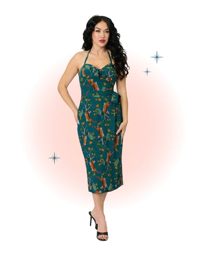 Robe Ajustée Sarong Verte avec Imprimé Tigres