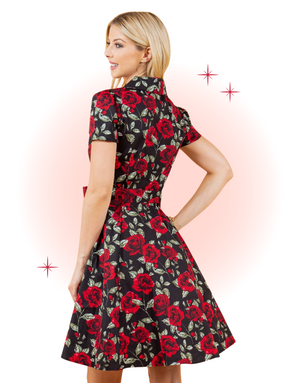Black Retro Rose Print Flared Dress