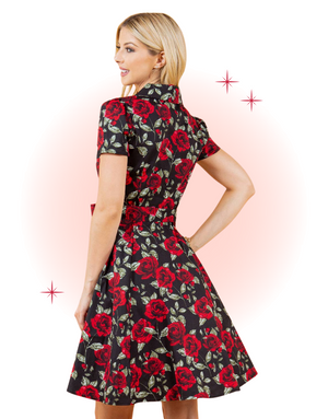 Black Rose Print Flared Retro Dress