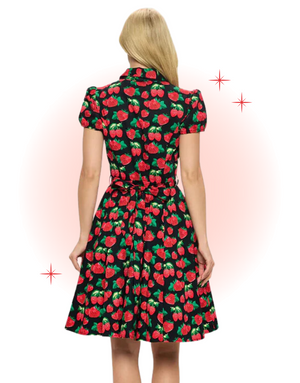 Black Retro Strawberry Flared Dress