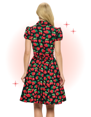 Black Flared Strawberry Retro Dress