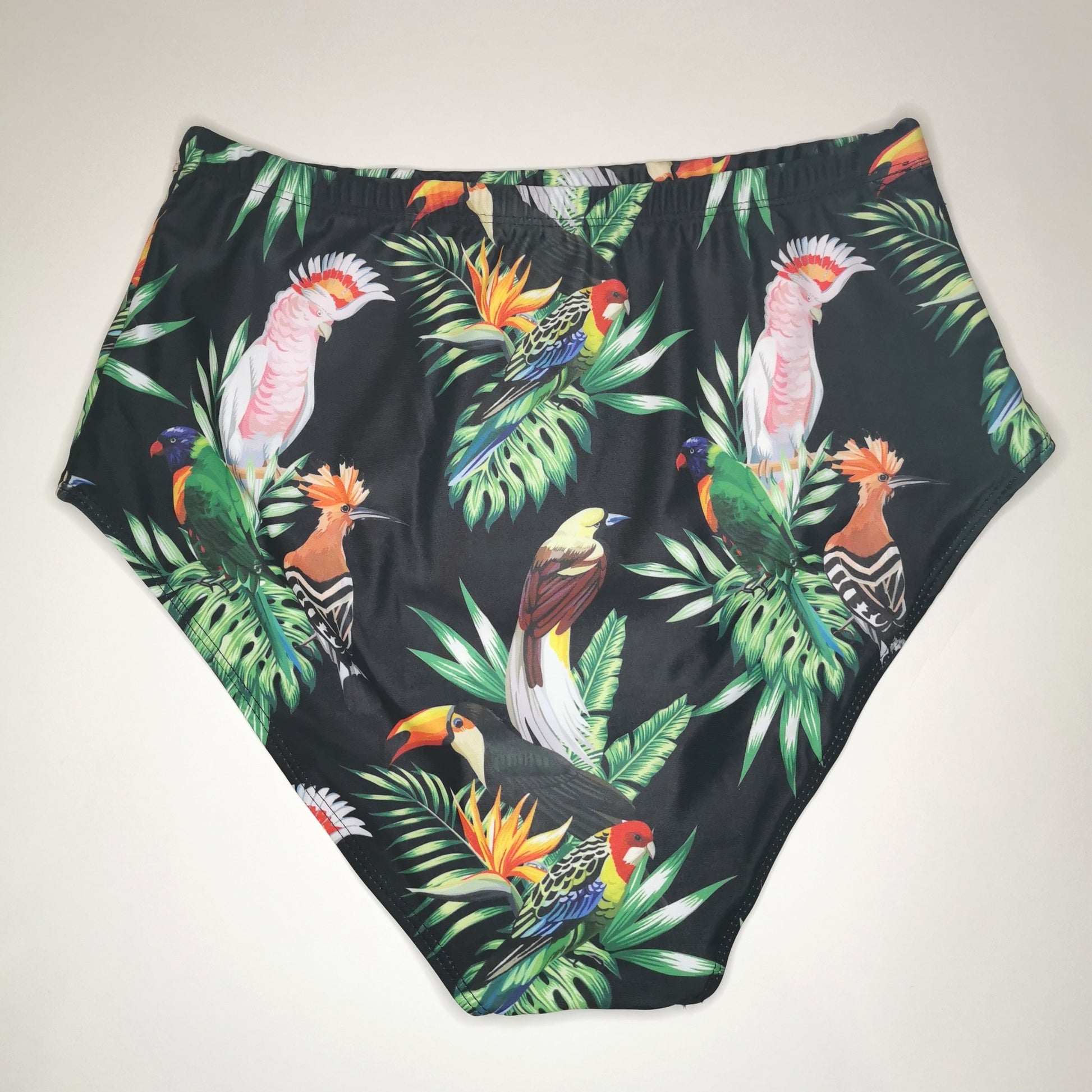 Backview-Black-High-Waist-Bikini-Bottom-Parrots-Vintage-Retro