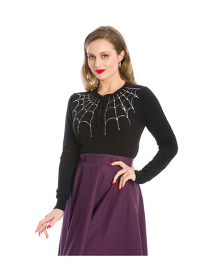 Black-Under-Her-Web-Spider-Knitted-Vintage-Cardigan-Banned-Apparel-Spooky-Ghoul-Retro-Pinup-Fall-Halloween