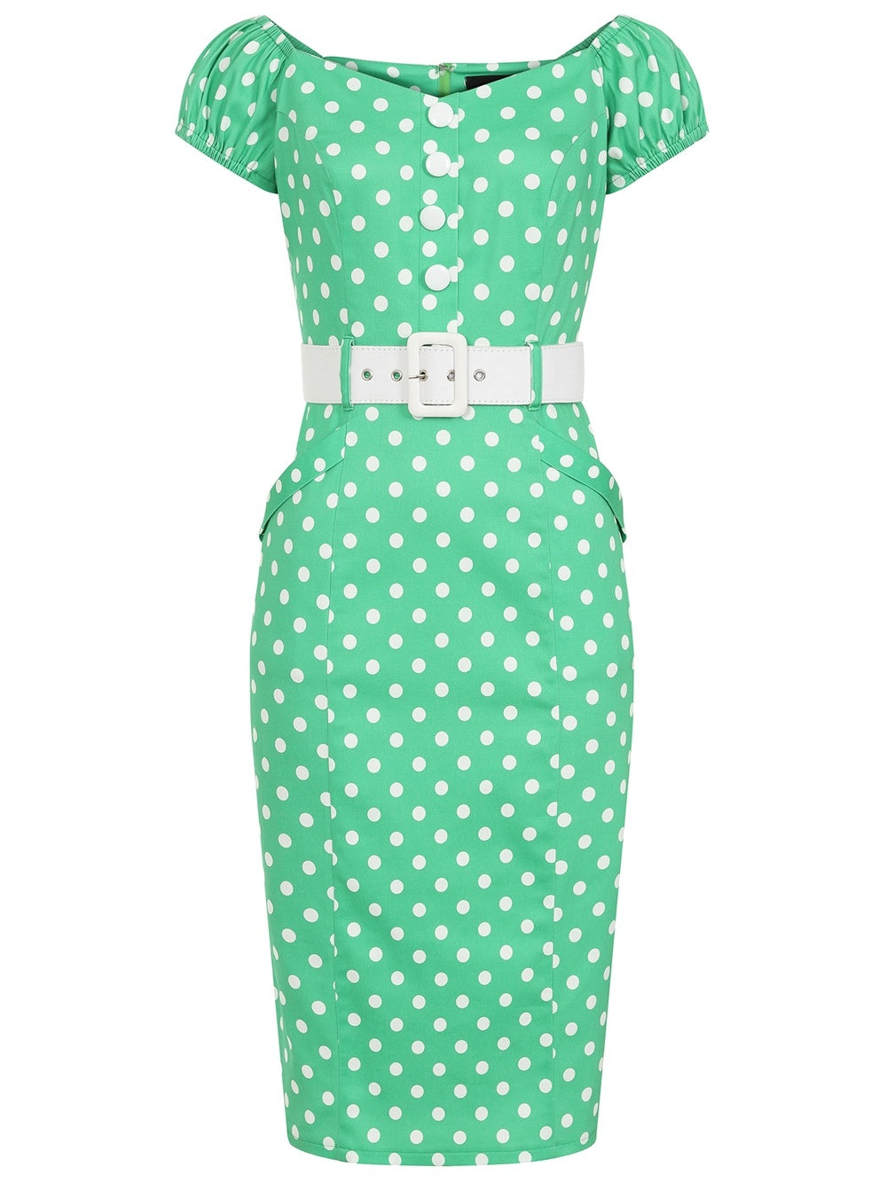 Robe Blanche Ajusté Verte à Pois  S