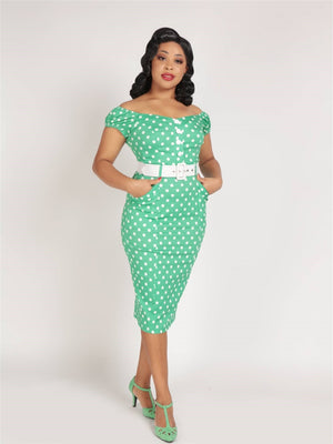 Robe Blanche Ajusté Verte à Pois  XS