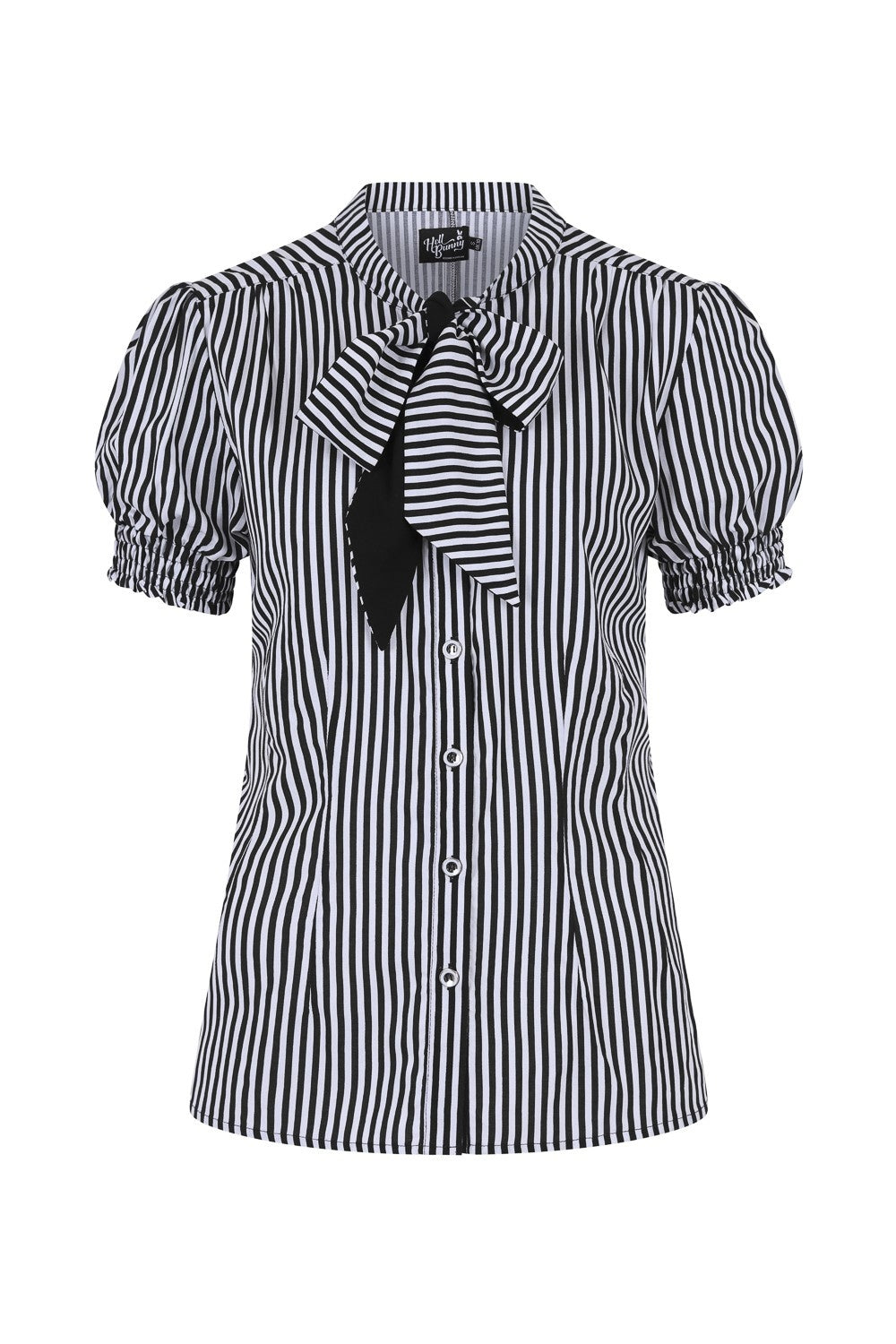 Blouse-Striped-Black-White-Pussy-Bow-Short-Sleeves