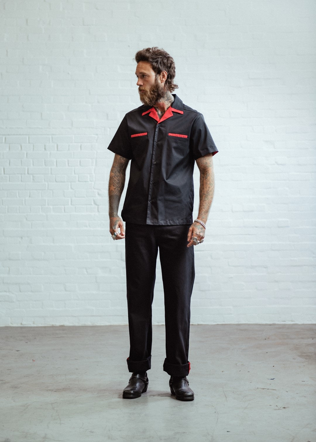 Chemise-Bowling-Rétro-Donnie-Noire-Rouge-Chet-Rock-Rockabilly-Alternatif-Vintage-Manches-Courtes