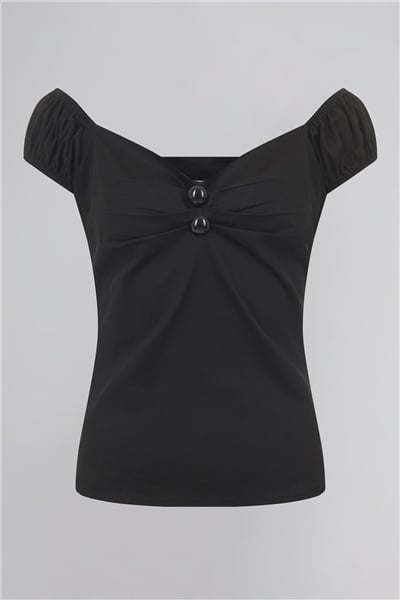 dolores noirtop vintage, top pinup, kitsch'n swell, Top Dolores choix de couleurs, top rouge, top noir, top blanc, top cerises, top vichy, top jaune moutarde, haut Dolores, haut sexy, haut féminin, top Collectif, top ajusté, top ceintrée