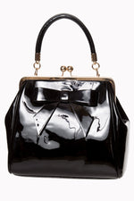 Front-View-Black-Vinyle-Glossy-Hand-Bag-American-Classique-Bow-Vintage Retro