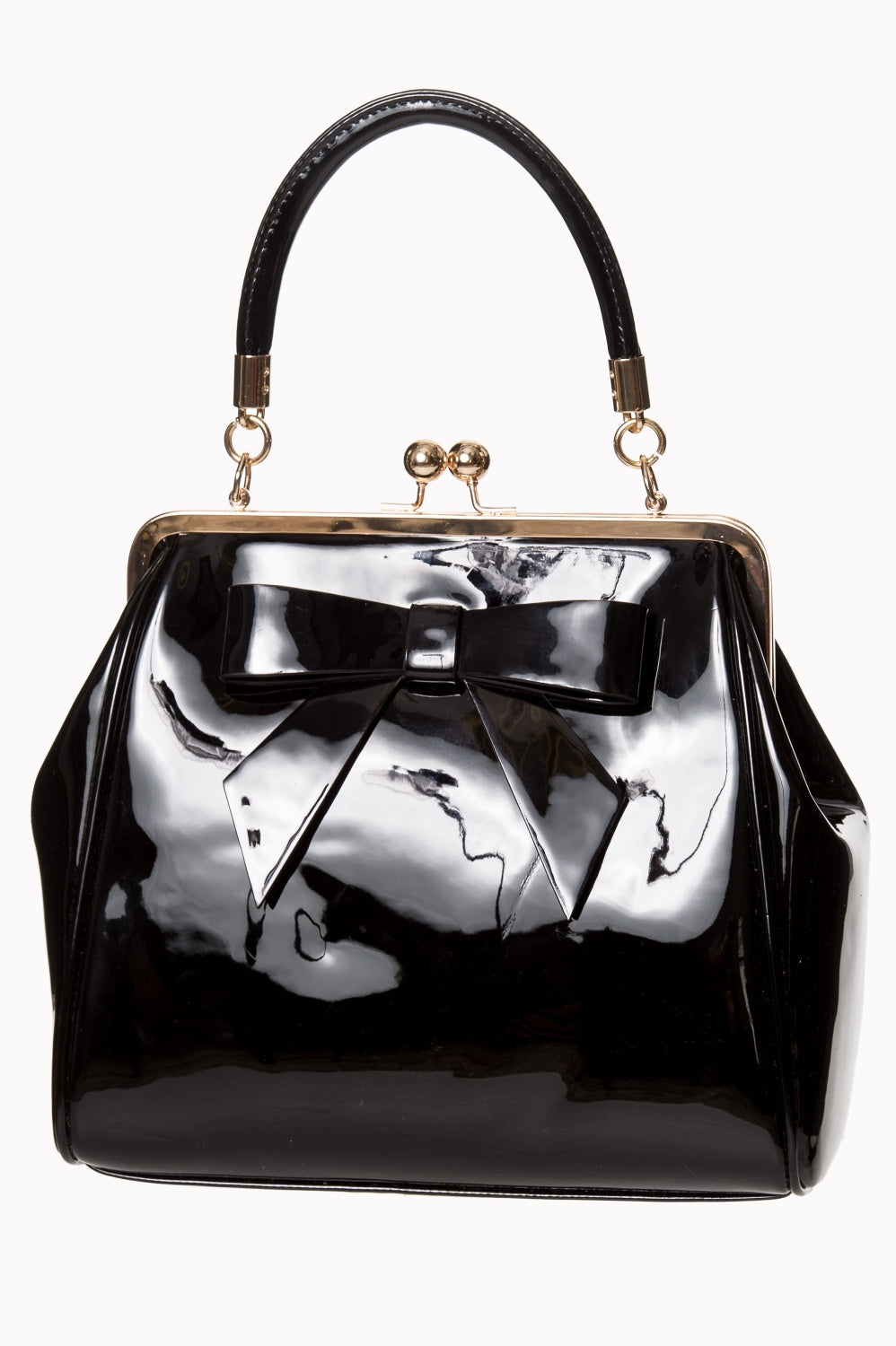 Front-View-Black-Vinyle-Glossy-Hand-Bag-American-Classique-Bow-Vintage Retro