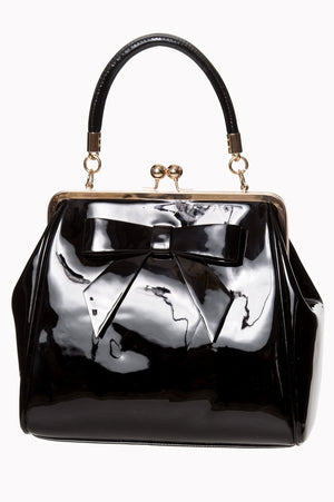 Front-View-Black-Vinyle-Glossy-Hand-Bag-American-Classique-Bow-Vintage Retro