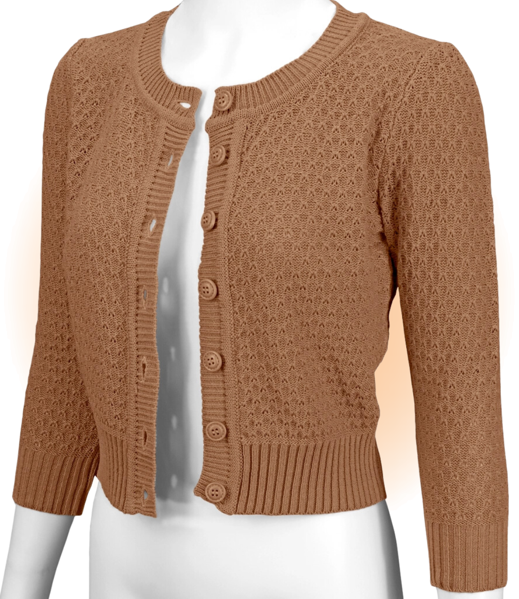 Cardigan Crocheté Col Rond Chameau M