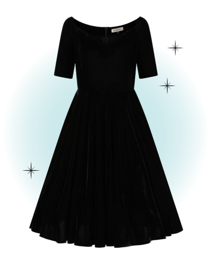 Robe évasée swing manches 3/4 col en v velour noir -Amalia