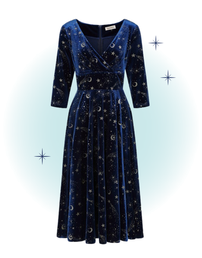 Robe évasée swing manches 3/4 col en v velour bleu etoiles dorées- Luna celestial