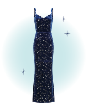Robe maxi à bretelle velour bleu étoiles dorées avec cape - Gloria celestial