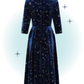 Robe évasée swing manches 3/4 col en v velour bleu etoiles dorées- Luna celestial