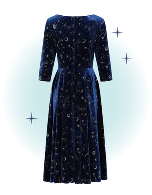Robe évasée swing manches 3/4 col en v velour bleu etoiles dorées- Luna celestial