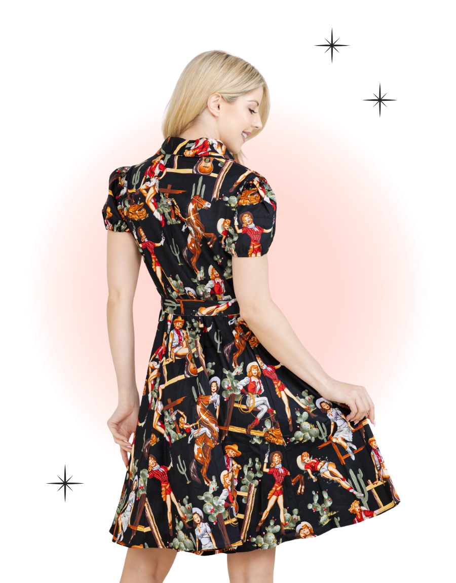 vintage cowgirl dress Retro flared black short-sleeved shirt dress with cowgirl pinup print