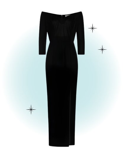 Robe maxi manches 3/4 col en v velour noir -Amalia