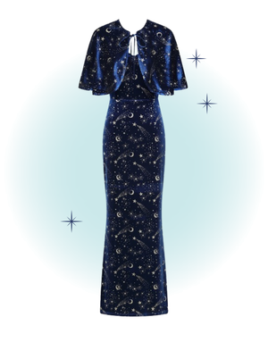 Robe maxi à bretelle velour bleu étoiles dorées avec cape - Gloria celestial