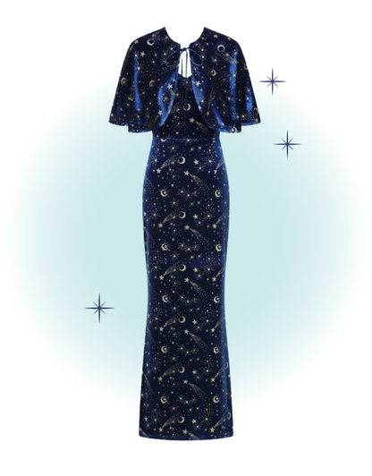 Robe maxi à bretelle velour bleu étoiles dorées avec cape - Gloria celestial