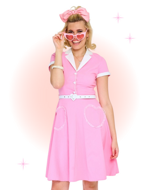 Pink Flared Dress with Heart Pockets