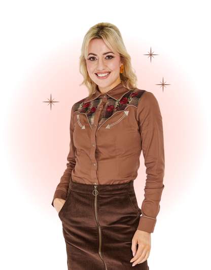 Chemise Western Brune Broderie de Roses
