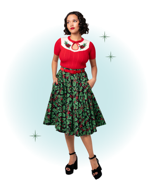 Jupe de Noël évasée swing noire et verte feuille de gui- Nicole