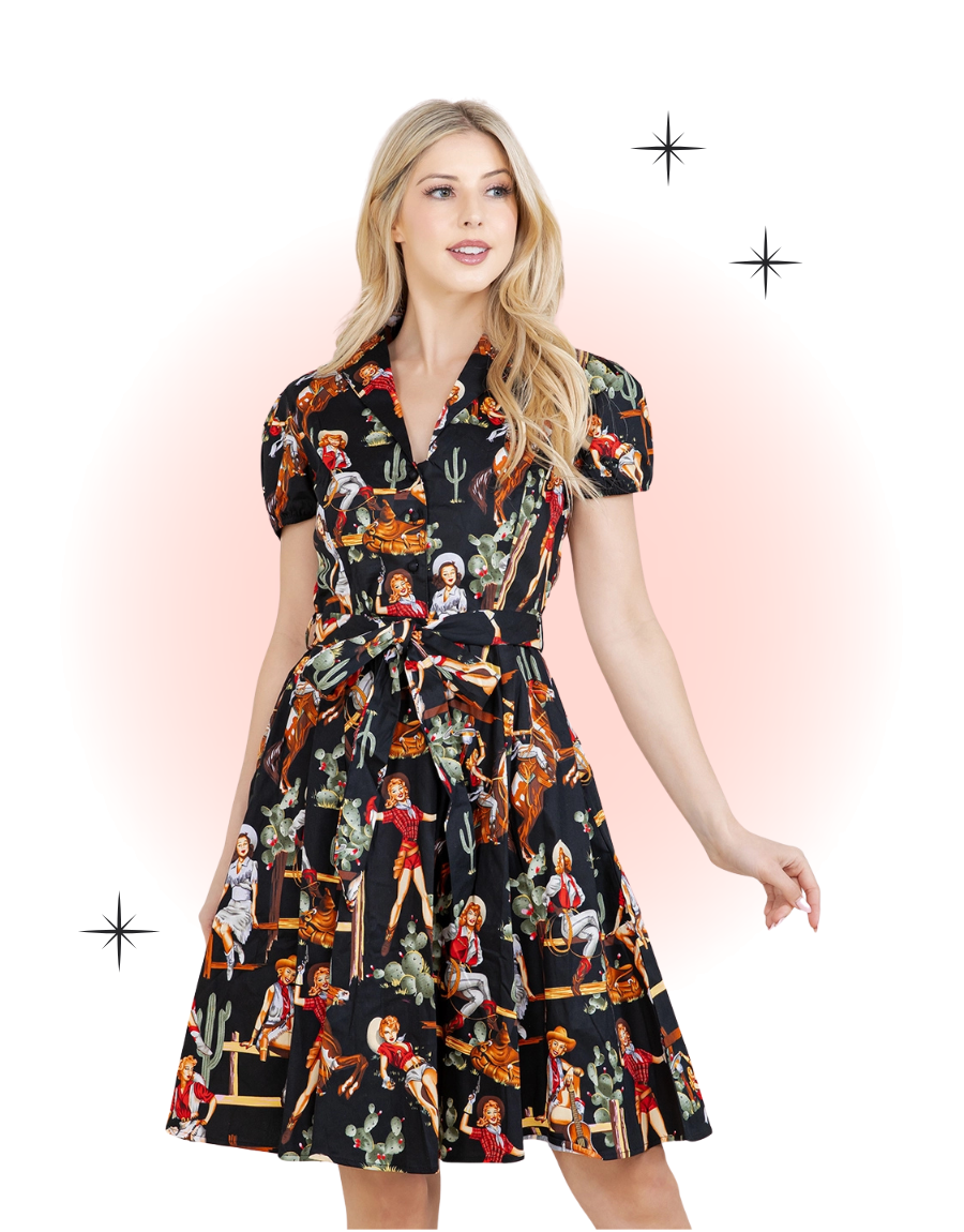 retro cowgirl dress Card Room Cowgirl Bell Sleeve Mesh Retro Dress