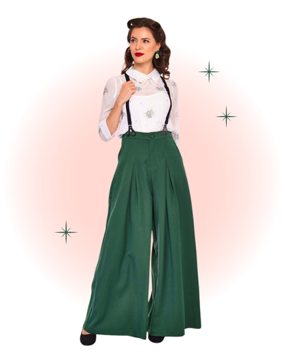 Pantalon évasée vert à bretelles - Laura