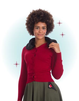 Cardigan manches longues bourgogne col fausse fourrure noir-Bow dreaming