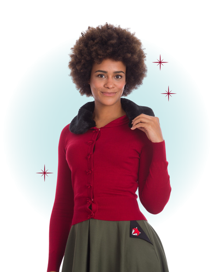 Cardigan manches longues bourgogne col fausse fourrure noir-Bow dreaming